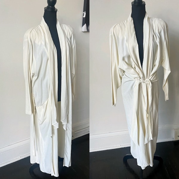 Vintage Cream Duster Jacket 1980’s Off White Wrap Dress 80’s Deep V Neck Midi Dress