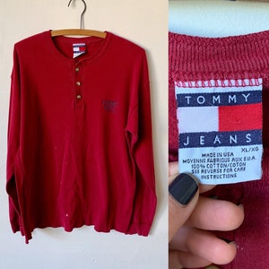 Vintage Tommy Hilfiger Red Thermal Shirt 1990&#39;s 90&#39;s Tommy Blue Jeans Long Sleeve Henley Shirt