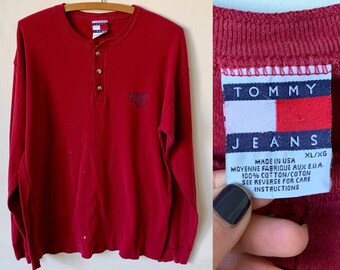 Vintage Tommy Hilfiger Red Thermal Shirt 1990's 90's Tommy Blue Jeans Long Sleeve Henley Shirt
