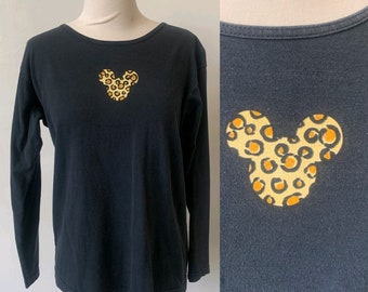 Vintage Mickey Mouse Leopard Print Minimalist Blouse 1990’s Disney Black T Shirt 90’s Grunge Black Mickey Mouse Logo Top