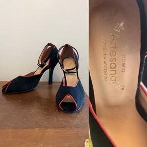 Vintage Deadstock Black Peep Toe Ankle Strap Heels Vintage Rockabilly Black Pumps Vintage Scarperla Artesandal Red and Black Sexy Stilettos
