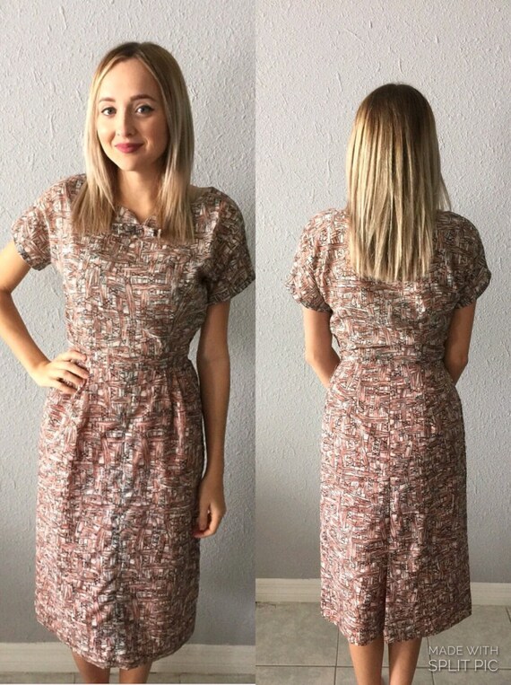 Vintage 1950's Bow Tie Print Sheath Wiggle Midi Dr