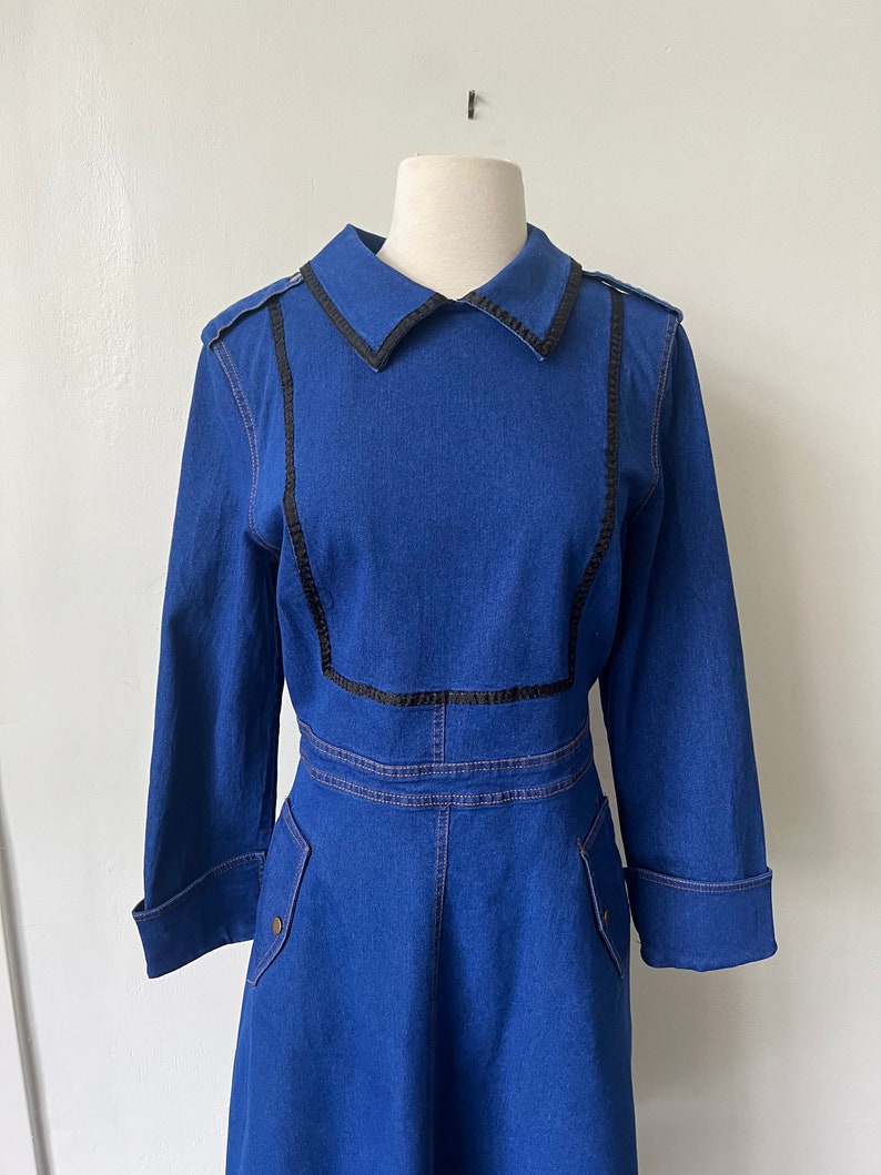 Vintage Denim Ranch Wear Country Line Dancing Dress 1980’s Peter Pan Collar Denim Midi Dress 80’s Jean Dress image 3
