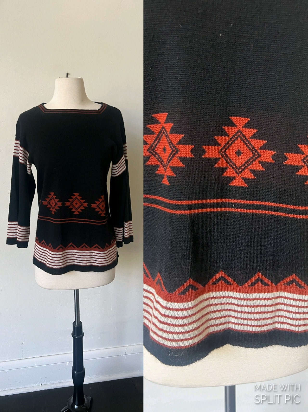 Vintage Black Bell Sleeve Boho Sweater 1970’s Southwestern Print Hippie Sweater 70’s Geometric Print Tribal Sweater