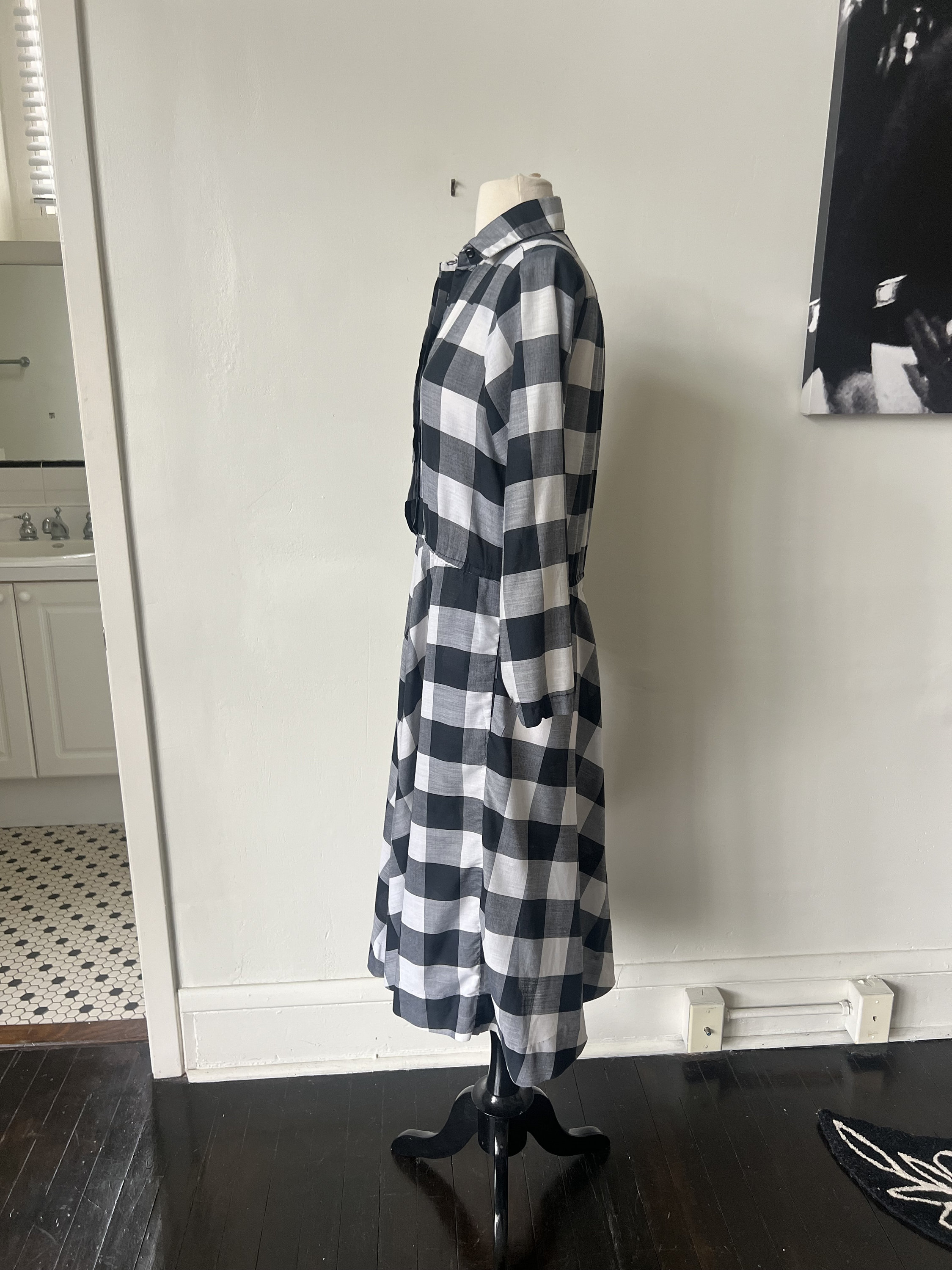 buffalo plaid midi dress Vintage Buffalo Plaid Fit and Flare Midi Dress 1980's Black and White Plaid  Dress 80's Plaid Midi Dress With Pockets