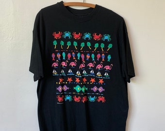 1990 Florida Tourist Black T Shirt Vintage Flamingo Print 1990's 90's Nautical Shirt