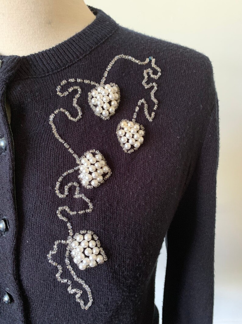 1950/'s Beaded Pearl Black Cardigan Sweater Vintage 50/'s Pearl Beaded Cardigan Jumper
