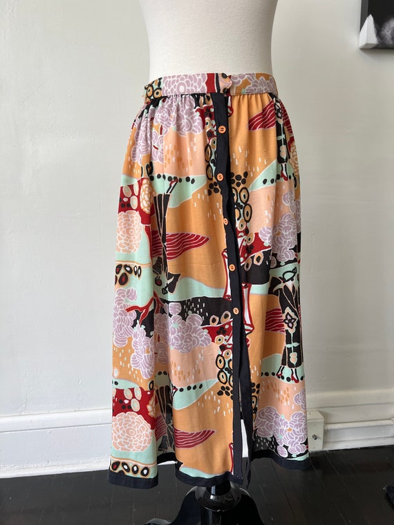 Vintage Art Deco Print Midi Skirt 1970’s Pastel X… - image 3