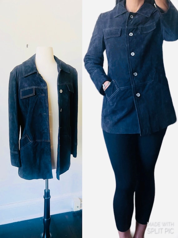 Vintage Blue Suede Leather Jacket 1970’s Navy Sued