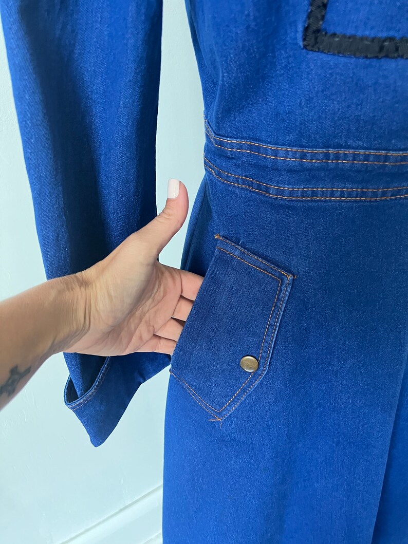 Vintage Denim Ranch Wear Country Line Dancing Dress 1980’s Peter Pan Collar Denim Midi Dress 80’s Jean Dress image 4