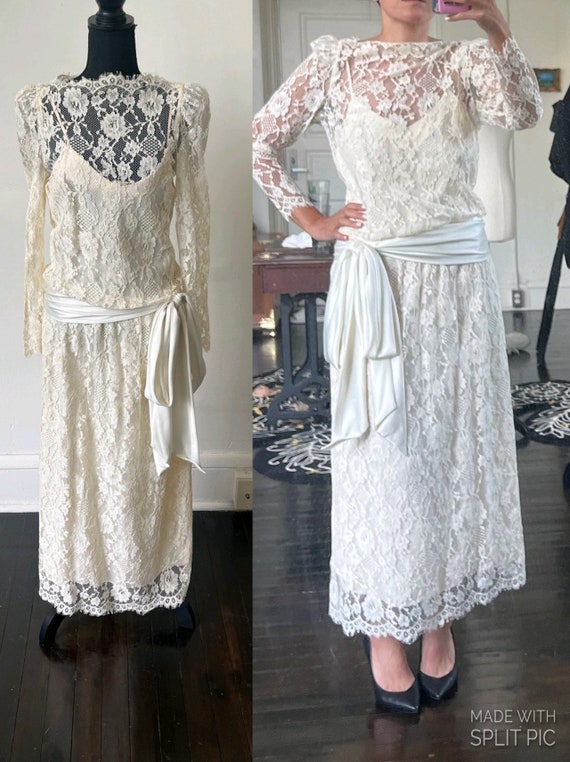 Vintage Lace Maxi Dress 1980’s Puff Sleeve Cream L