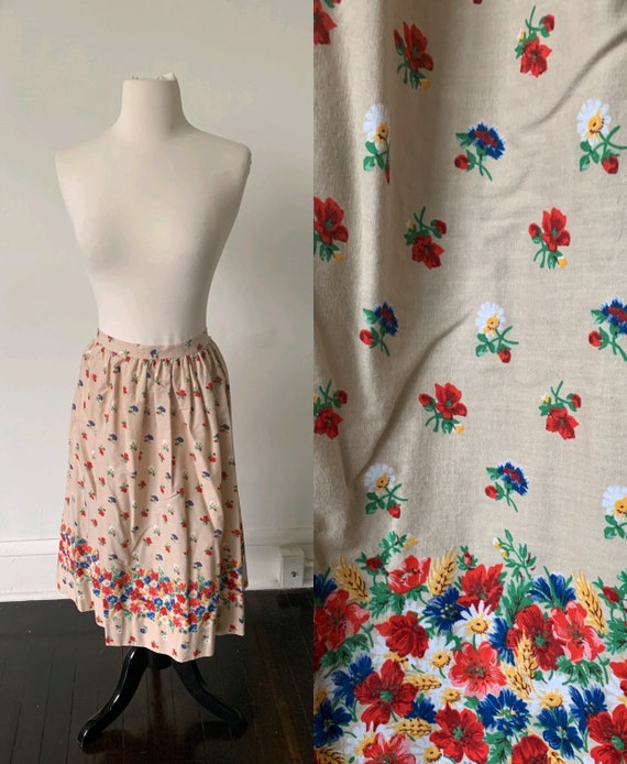 1970's Floral Praire Midi Skirt Vintage High Wais… - image 1