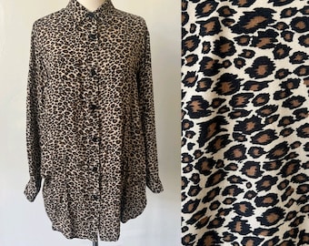 Vintage Leopard Print Long Sleeve Tunic Blouse 1980’s Animal Print Long Sleeve Shirt 80’s Hipster Button Down Tunic Top