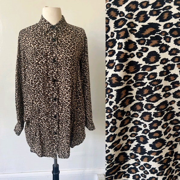 Vintage Leopard Print Long Sleeve Tunic Blouse 1980’s Animal Print Long Sleeve Shirt 80’s Hipster Button Down Tunic Top