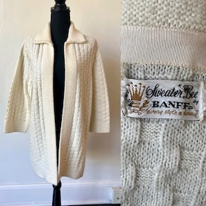 Vintage Basketweave Cream Sweater Coat 1960’s White Cardigan Sweater 60’s Collared Bracelet Sleeve Long Cardigan Jumper