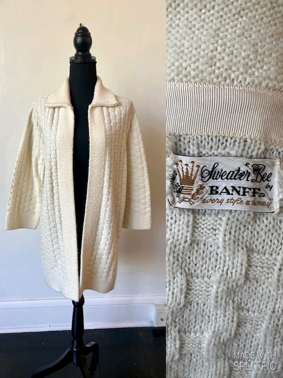 Vintage Basketweave Cream Sweater Coat 1960’s Whit