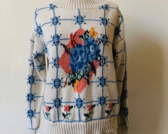 Vintage Floral Mock Neck White Sweater 1990&#39;s 90&#39;s Flower Graphic Pullover Sweater Preppy Jumper