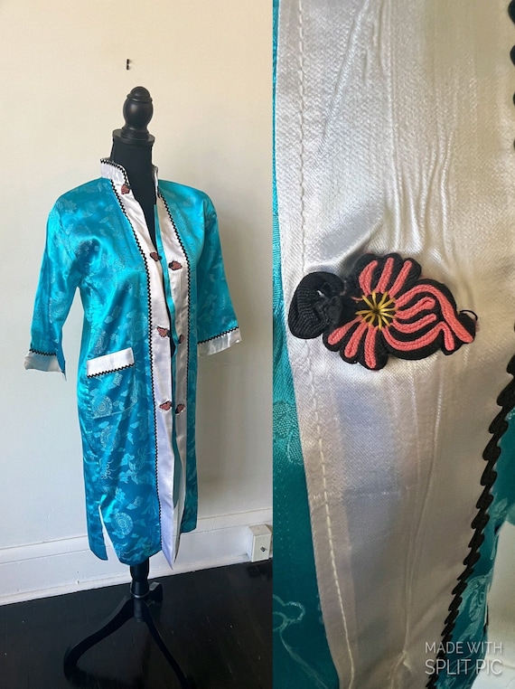 Vintage Kimono Mid Century Mod Turquoise and Pink Kimono Robe 1960’s Satin Kimono Robe