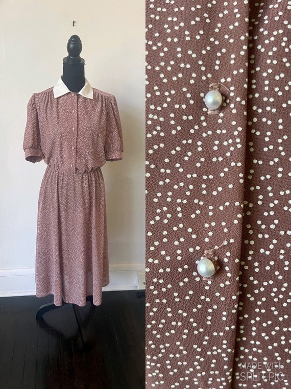 Vintage Polka Dot Mauve Collared Midi Dress 1980’… - image 1