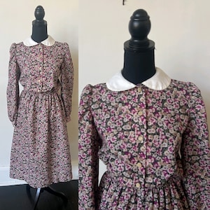 Vintage Floral Midi Dress 1980’s Peter Pan Collar Long Sleeve Midi Dress 80’s Black and Purple Collared Skater Secretary Dress