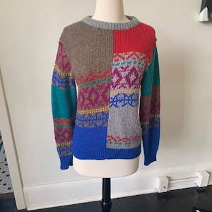 RARE Vintage Yoshi Tsurumi Color Block Fair Isle Geometric Print Pullover Sweater 1980&#39;s 80&#39;s Abstract Print Sweater