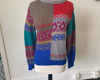 RARE Vintage Yoshi Tsurumi Color Block Fair Isle Geometric Print Pullover Sweater 1980&#39;s 80&#39;s Abstract Print Sweater