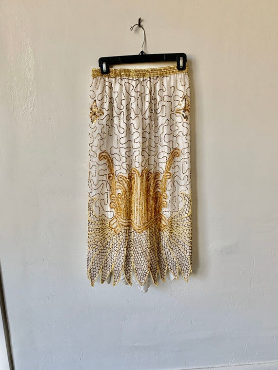 Vintage Gold and Cream Beaded Silk Midi Skirt Vin… - image 3