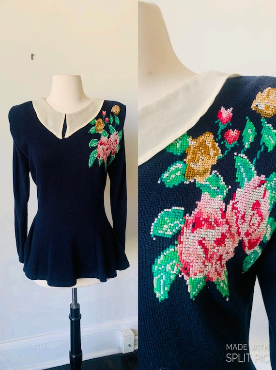 Vintage Peplum Floral Sweater 1980’s Peter Pan Col