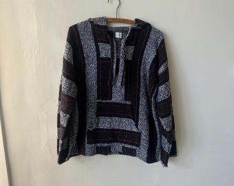 Vintage svartvit drogmatta från 1990-talet, mexikansk poncho, gobelängtröja, vintage Baja Hippie-tröja