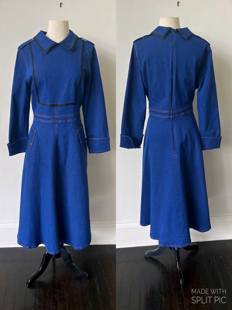 Vintage Denim Ranch Wear Country Line Dancing Dress 1980’s Peter Pan Collar Denim Midi Dress 80’s Jean Dress image 1