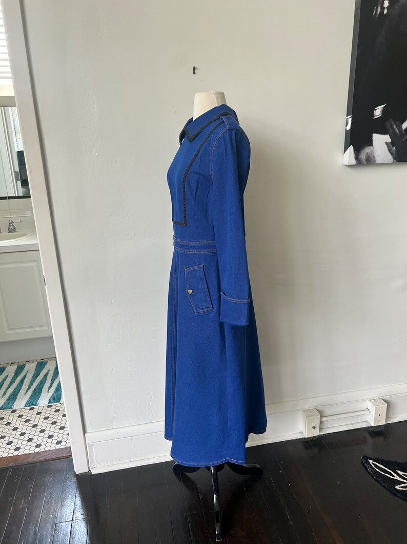 Vintage Denim Ranch Wear Country Line Dancing Dress 1980’s Peter Pan Collar Denim Midi Dress 80’s Jean Dress image 7