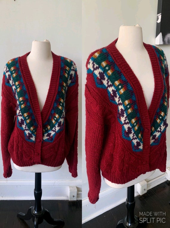 Vintage Hand Knit Southwestern Print Cardigan Swe… - image 1