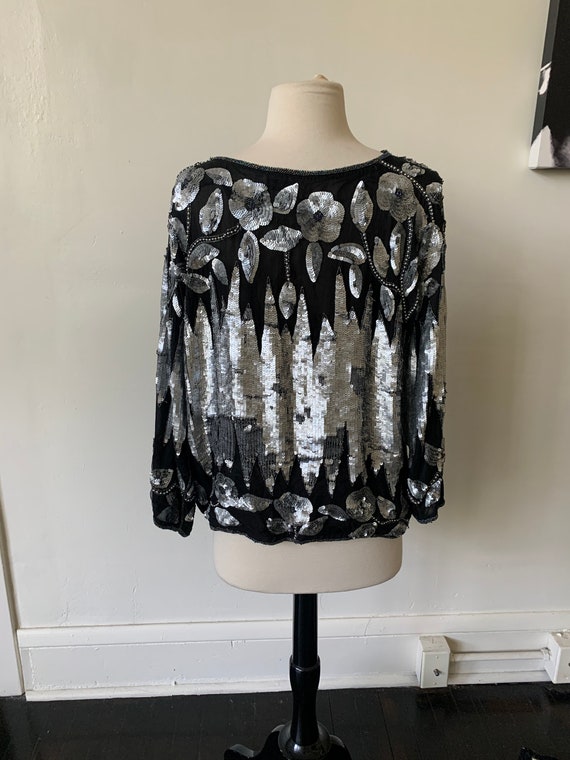 Vintage Black and Silver Sequin Blouse 1980’s Gla… - image 7