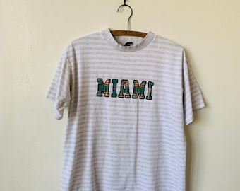 Vintage Miami Hurricanes White T Shirt 1990’s University of Miami Plaid Shirt 90’s Miami Hurricanes Striped Shirt
