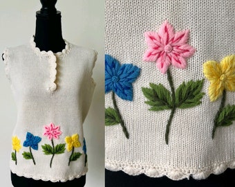 Vintage hand kruisgestikte wollen bloementrui vest jaren 1970 handgenaaide 100% wollen trui jaren 70 boho neon bloemen trui vest