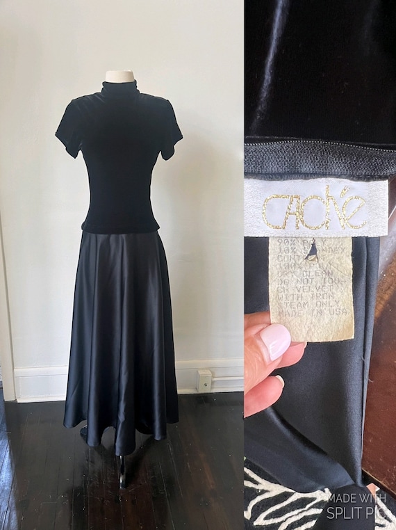 Vintage Cache Black Velvet and Satin Maxi Dress 19