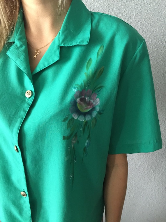 Vintage Green Hand Painted Bohemian Blouse Vintage
