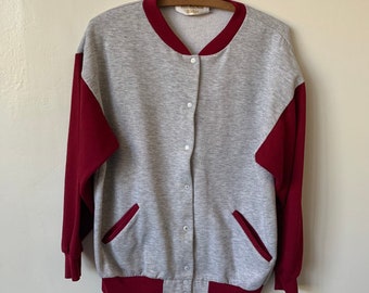 Vintage Burgundy and Gray Snap Button Closure Sweatshirt 1980's 80's Maroon and Gray Sweatshirt Track Jacket