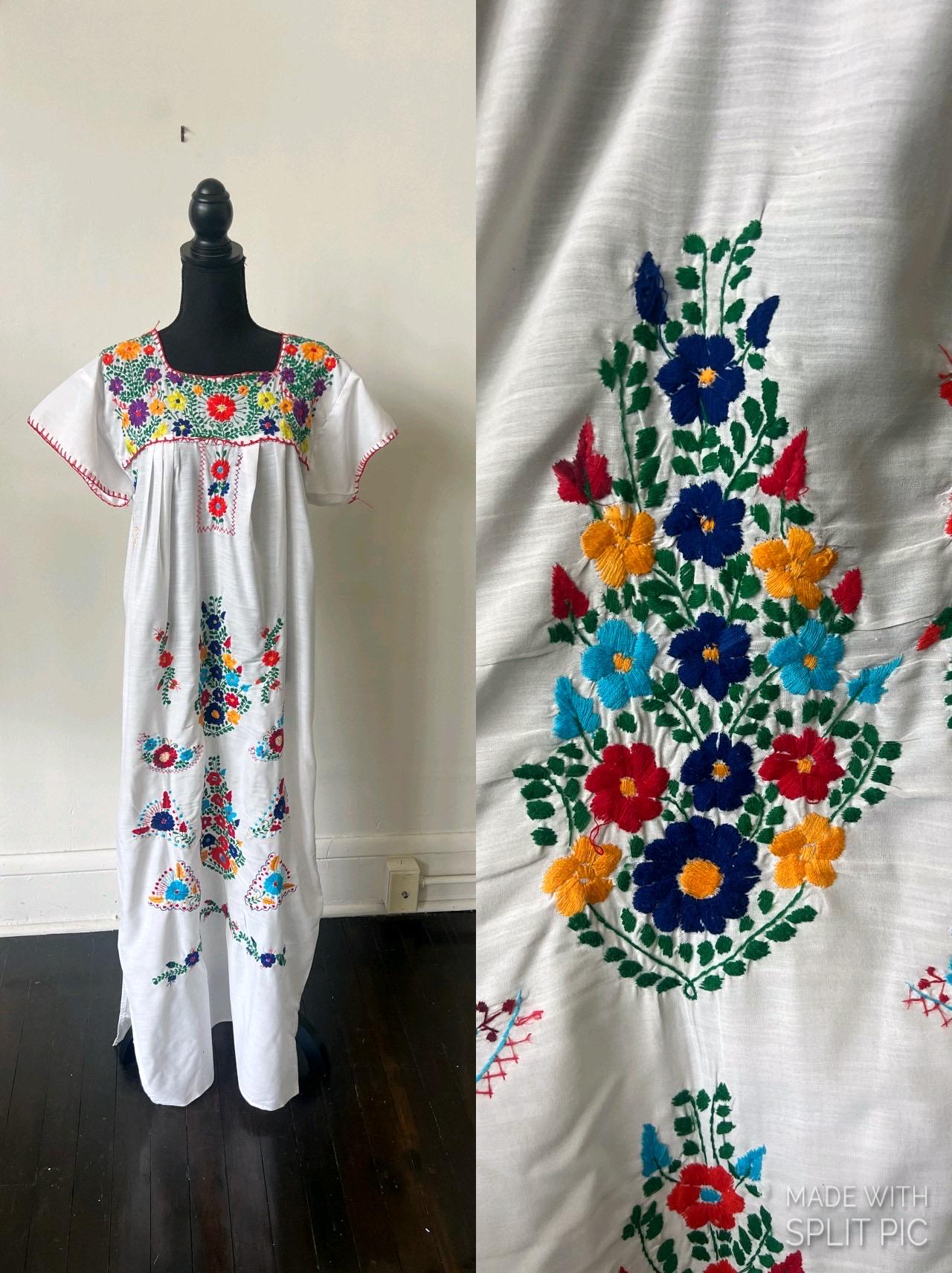 ヴィンテージ オアハカ 手刺繍 マキシドレス 1970年代 メキシコ花刺繍