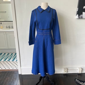 Vintage Denim Ranch Wear Country Line Dancing Dress 1980’s Peter Pan Collar Denim Midi Dress 80’s Jean Dress image 2