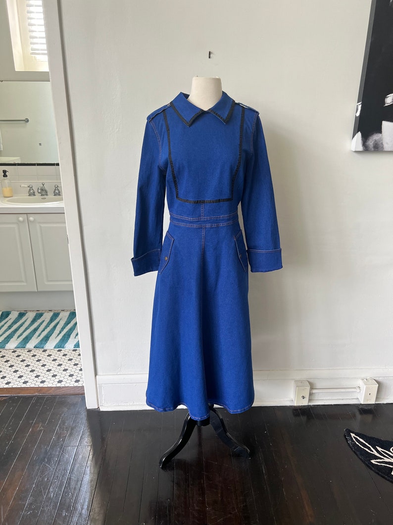Vintage Denim Ranch Wear Country Line Dancing Dress 1980’s Peter Pan Collar Denim Midi Dress 80’s Jean Dress image 2