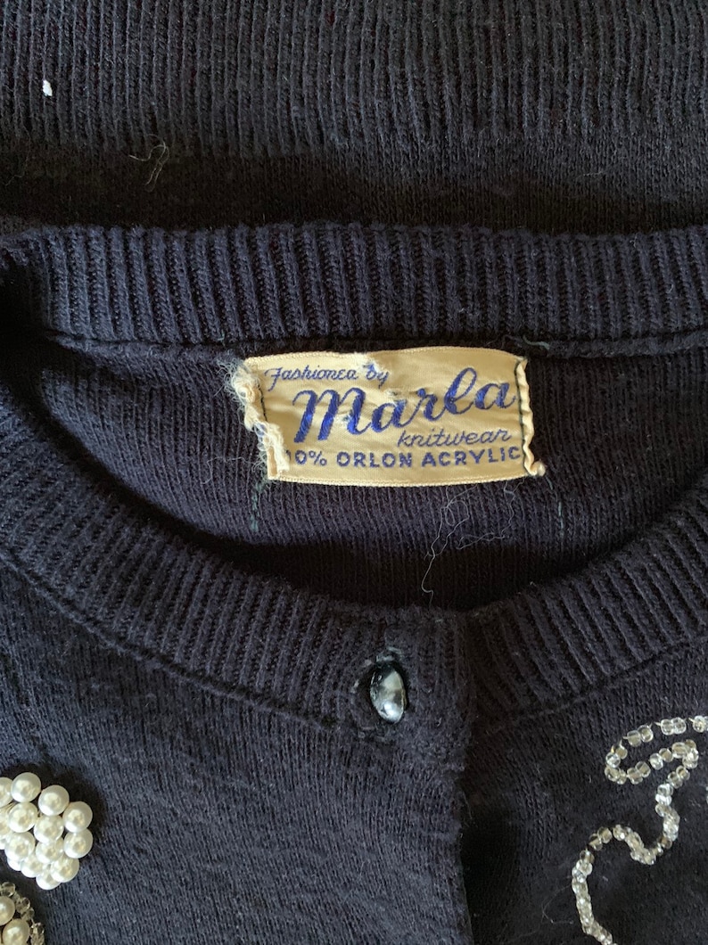 1950/'s Beaded Pearl Black Cardigan Sweater Vintage 50/'s Pearl Beaded Cardigan Jumper