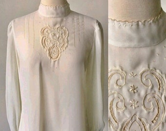 Vintage Bohemian Boho Floral Embroidered Blouse Mock Neck Sheer White Top Long Sleeve Victorian Edwardian White Blouse