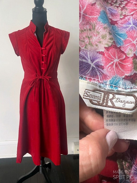 Vintage Velour Red Midi Dress 1970’s Boho MockNeck