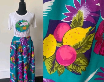 Vintage Lemon Fruit Print Turquoise and Purple Midi Skirt 1980’s Hawaiian Print Midi Skirt 80’s Hawaii Floral Midi Skirt