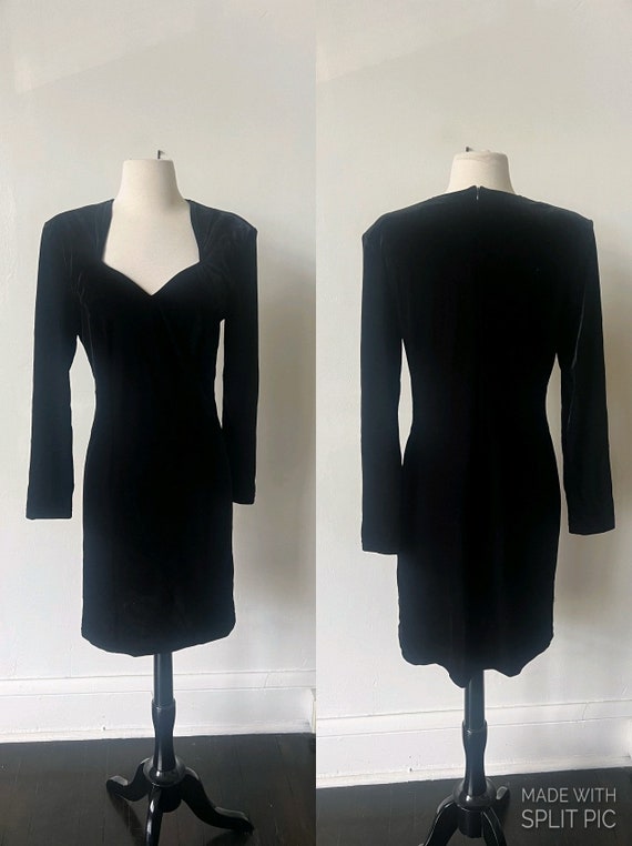 Vintage Black Velvet Bodycon Midi Dress 1990’s Bla