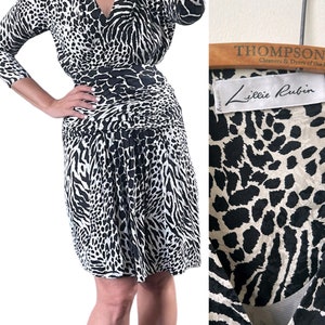 Vintage Silk Animal Print Lillie Rubin Mini Dress 1980’s Black and White Leopard Print Dress 80’s Sexy Tiger Print Mini Dress