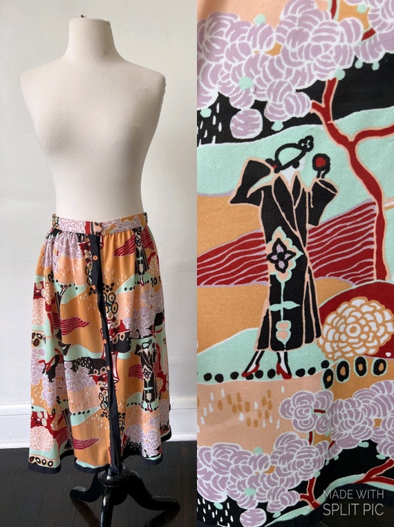 Vintage Art Deco Print Midi Skirt 1970’s Pastel X… - image 1