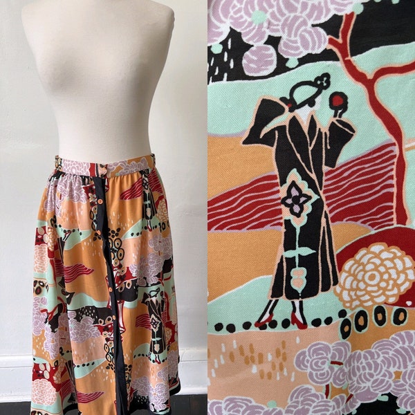 Vintage Art Deco Print Midi Skirt 1970’s Pastel XS Midi Skirt 70’s Boho Bohemian Floral Print Skirt