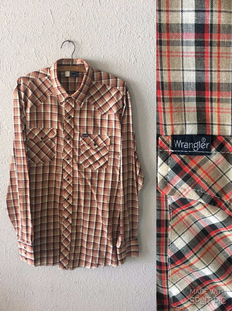 Vintage Wrangler Plaid Snap Button Down Lightweight Red and Black 1980/'s 80/'s Ranchwear Shirt
